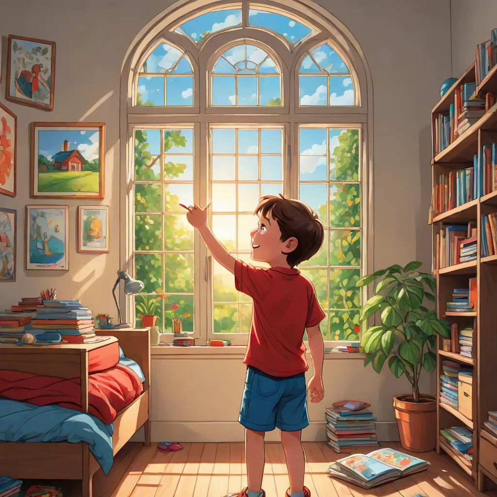 a boy in a bedroom looking out a window at the sun coming through the window and a book shelf, storybook illustration, art & language, a storybook illustration, Aaron Jasinski