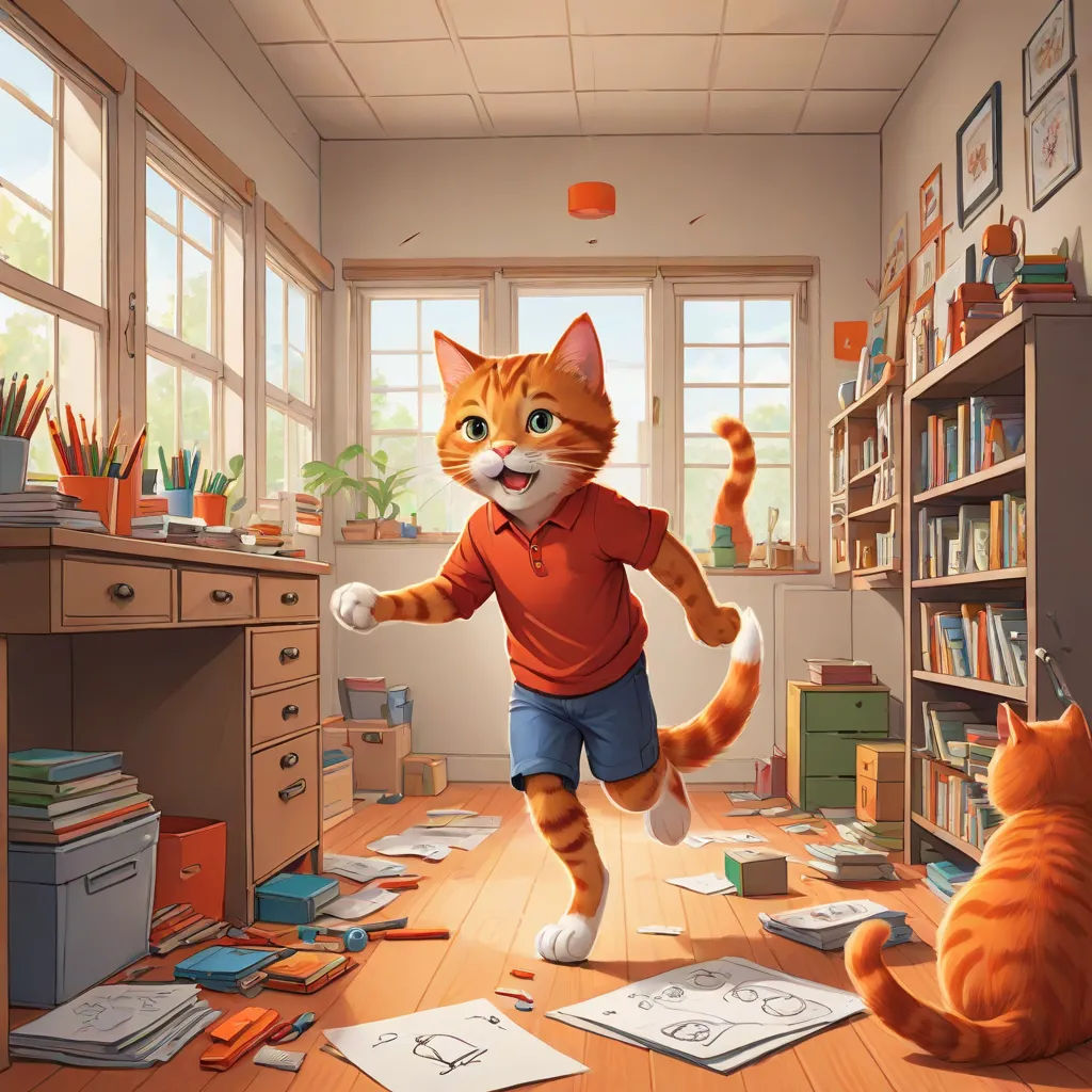a cat is running through a messy room with a cat on the floor and a cat on the floor, trending on art station, furry art, a storybook illustration, Chris LaBrooy