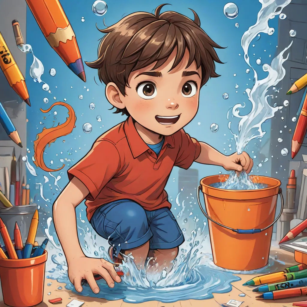 a boy playing with a bucket of water and crayons in the background of a drawing room with crayons, rossdraws global illumination, lyco art, a storybook illustration, Diego Gisbert Llorens