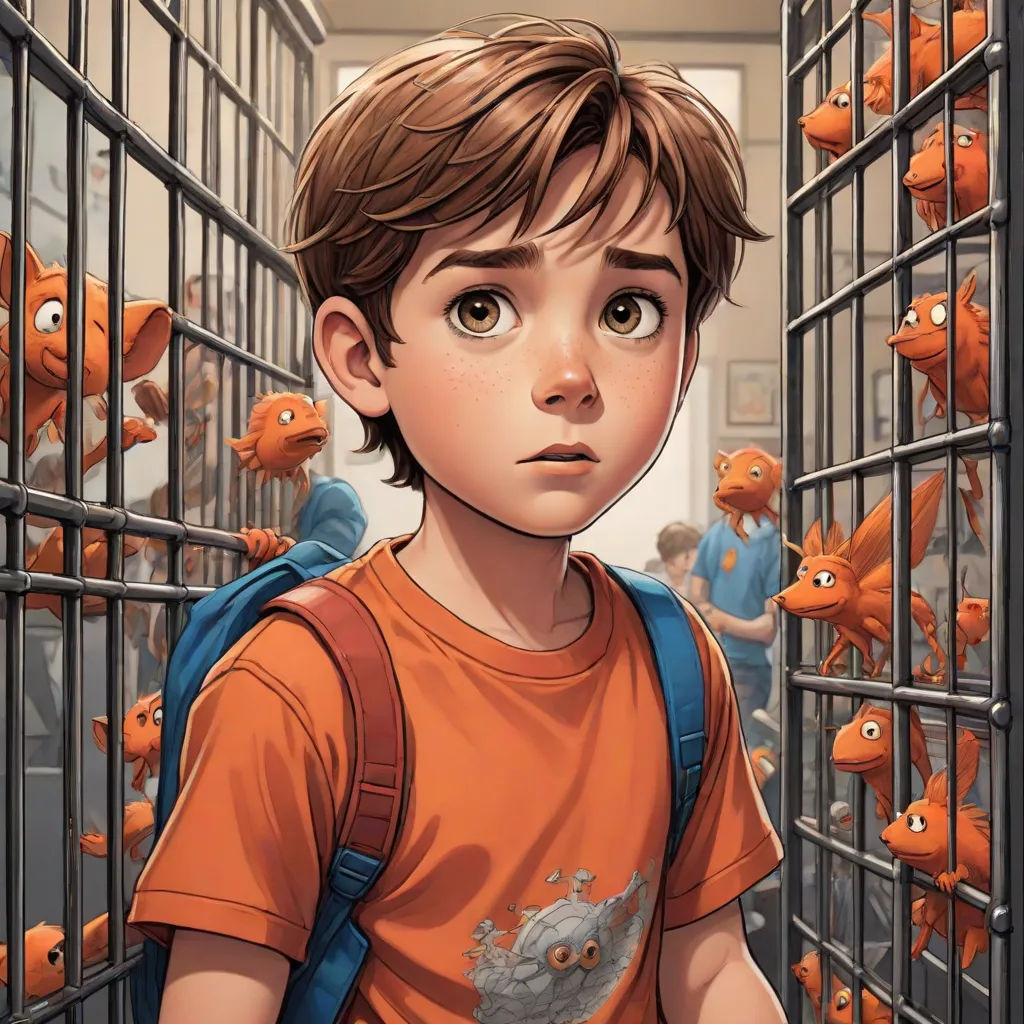 a boy in a cage with many orange fish in it's caged area, looking at the camera, lostfish, photorealism, a storybook illustration, Aaron Jasinski