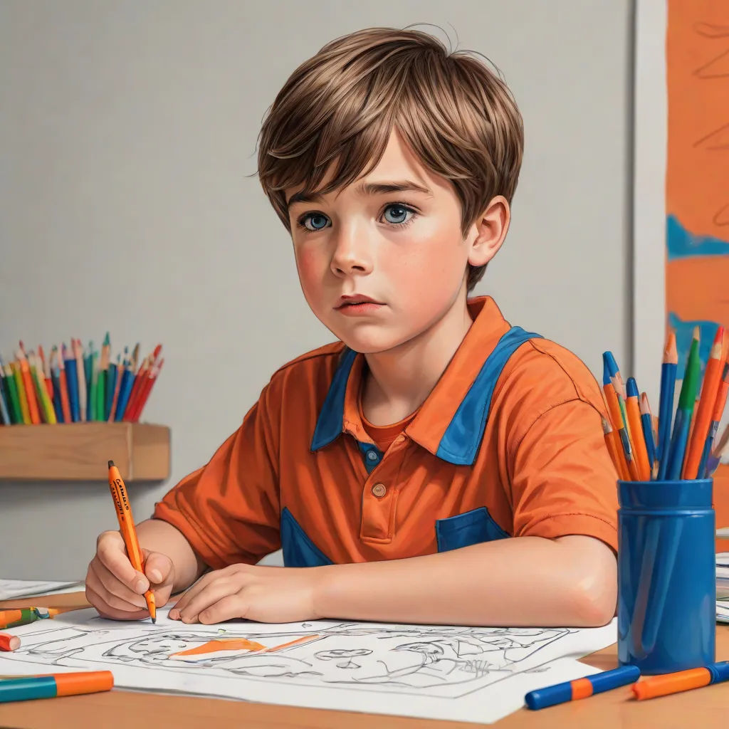 a boy is sitting at a desk with a pencil and a drawing book and markers in front of him, highly detailed digital painting, photorealism, an ultrafine detailed painting, Aaron Jasinski