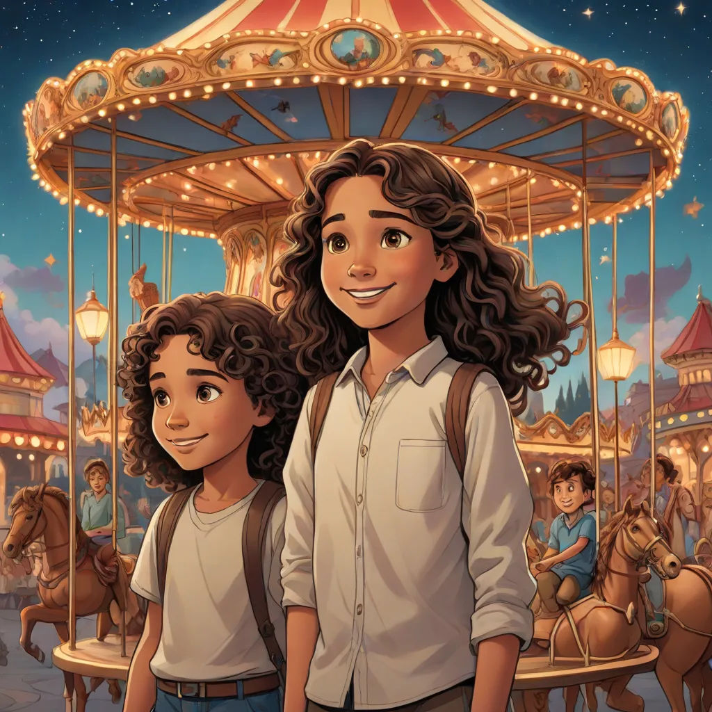 a couple of people standing in front of a carousel at night with a carousel in the background and a carousel with lights, magical realism, a storybook illustration, disney, comic cover art