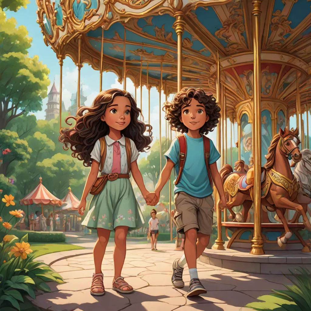 a couple of kids walking across a park holding hands and holding hands with a carousel in the background with a carousel horse, magical realism, a storybook illustration, disney, official art