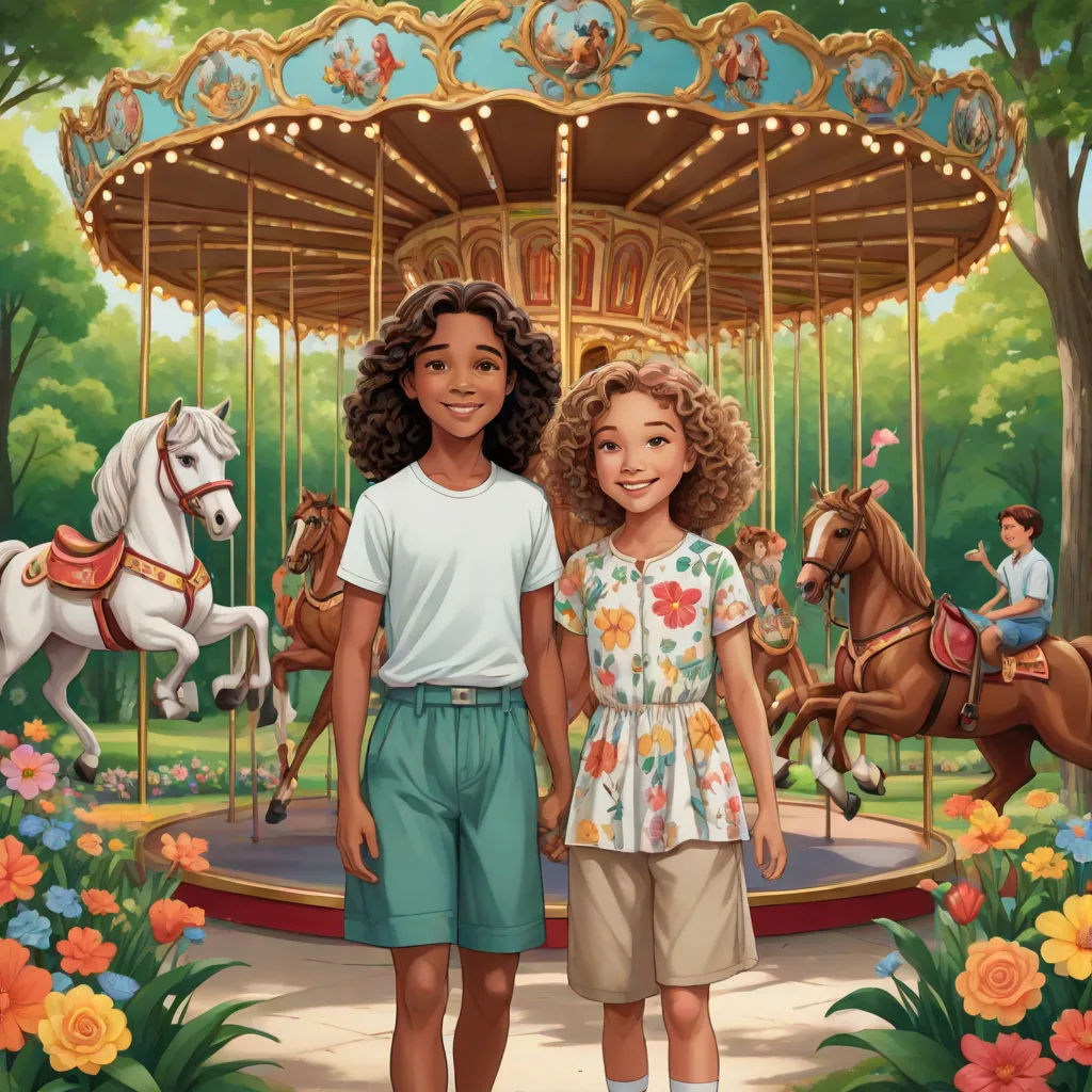 a painting of two children standing in front of a carousel with horses and flowers around them, with a girl and boy standing next to the carousel, american scene painting, a storybook illustration, Chris LaBrooy, promotional image