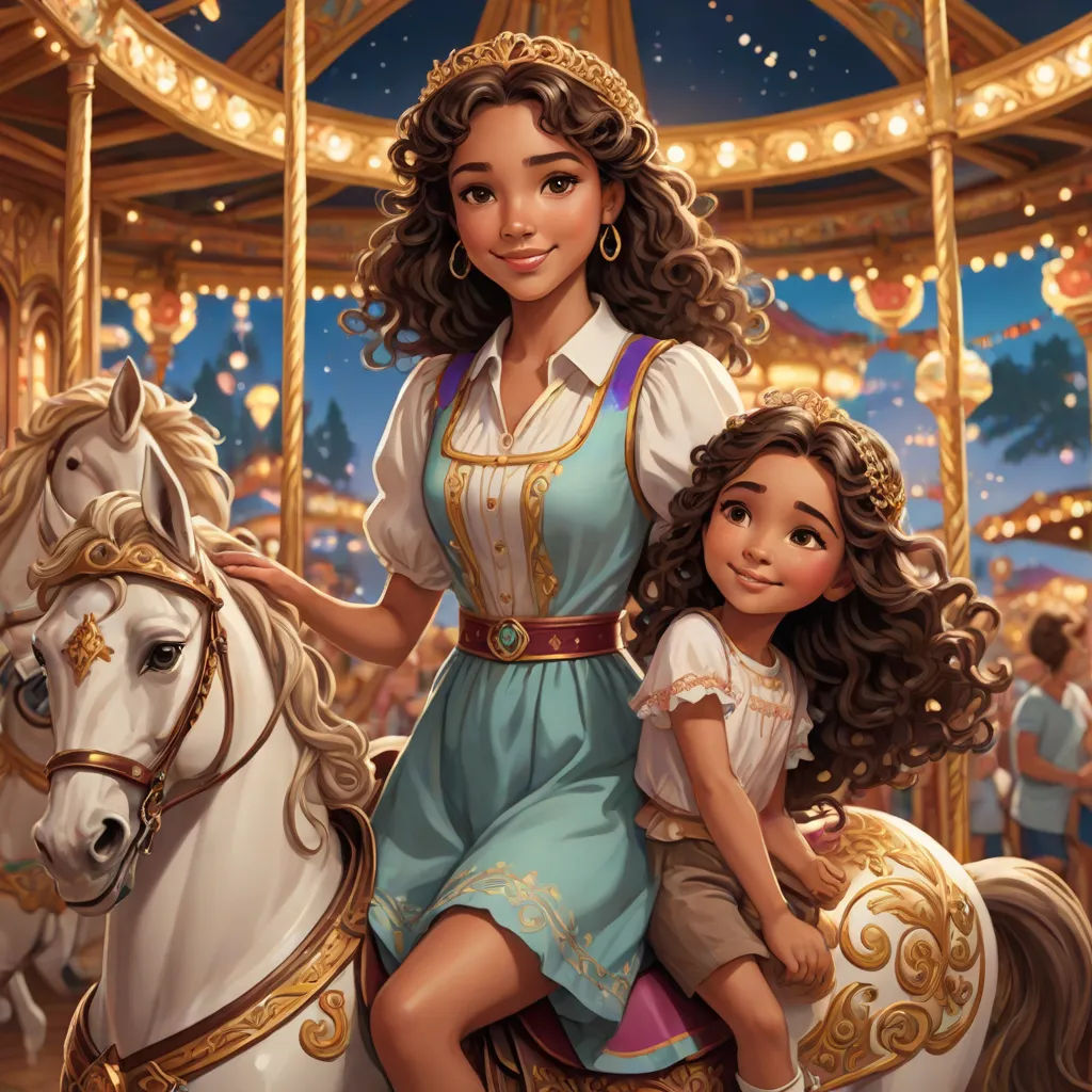 a woman and a child are riding on a carousel horse together, with a carousel in the background and lights on, magical realism, an ultrafine detailed painting, disney, official art