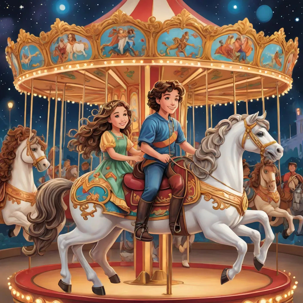a painting of a boy and girl riding a carousel horse at night with a carousel in the background and a carousel with lights, magical realism, a storybook illustration, Carol Sutton, storybook illustration
