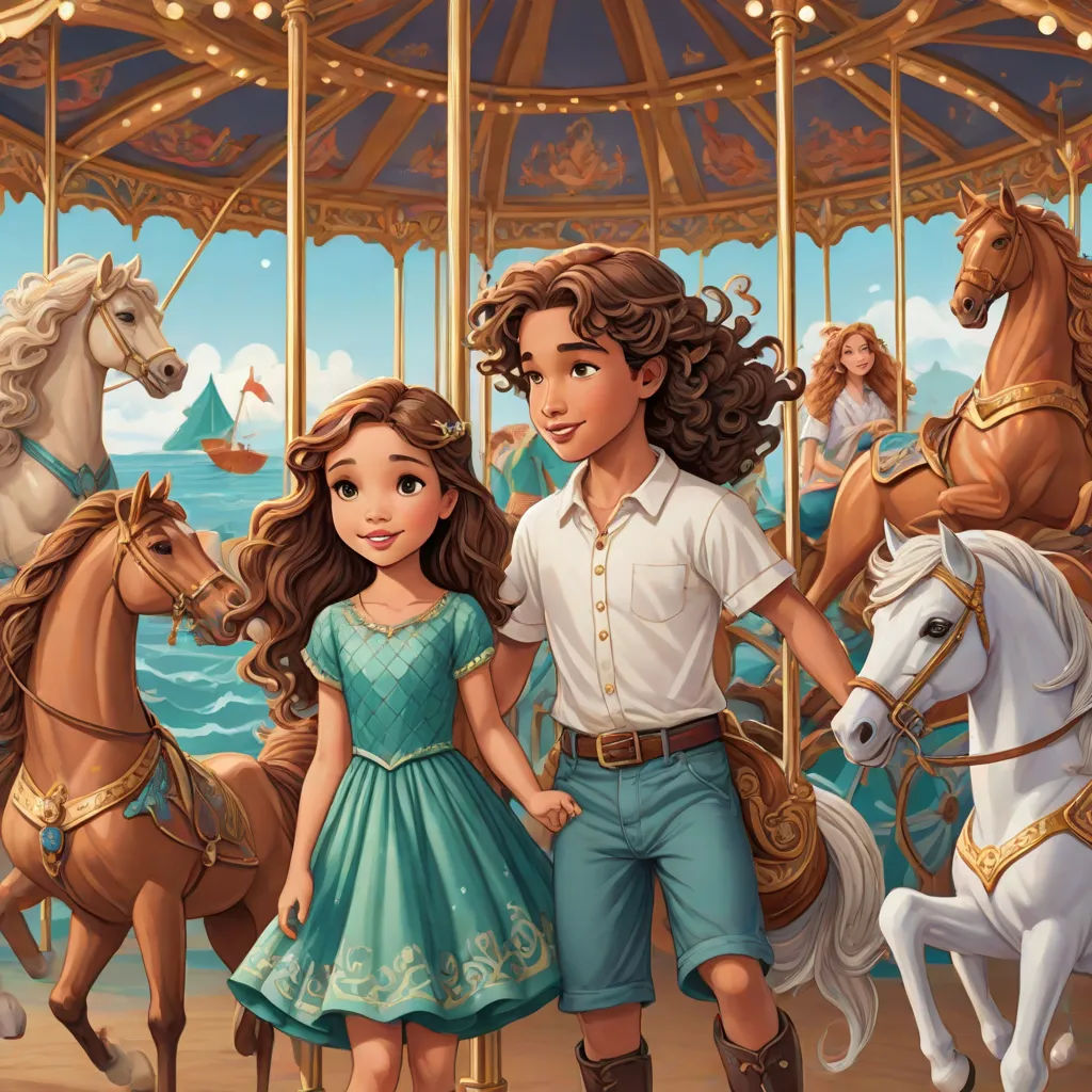 a boy and a girl standing in front of a carousel with horses on it and a carousel in the background, magical realism, a storybook illustration, Altoon Sultan, official art