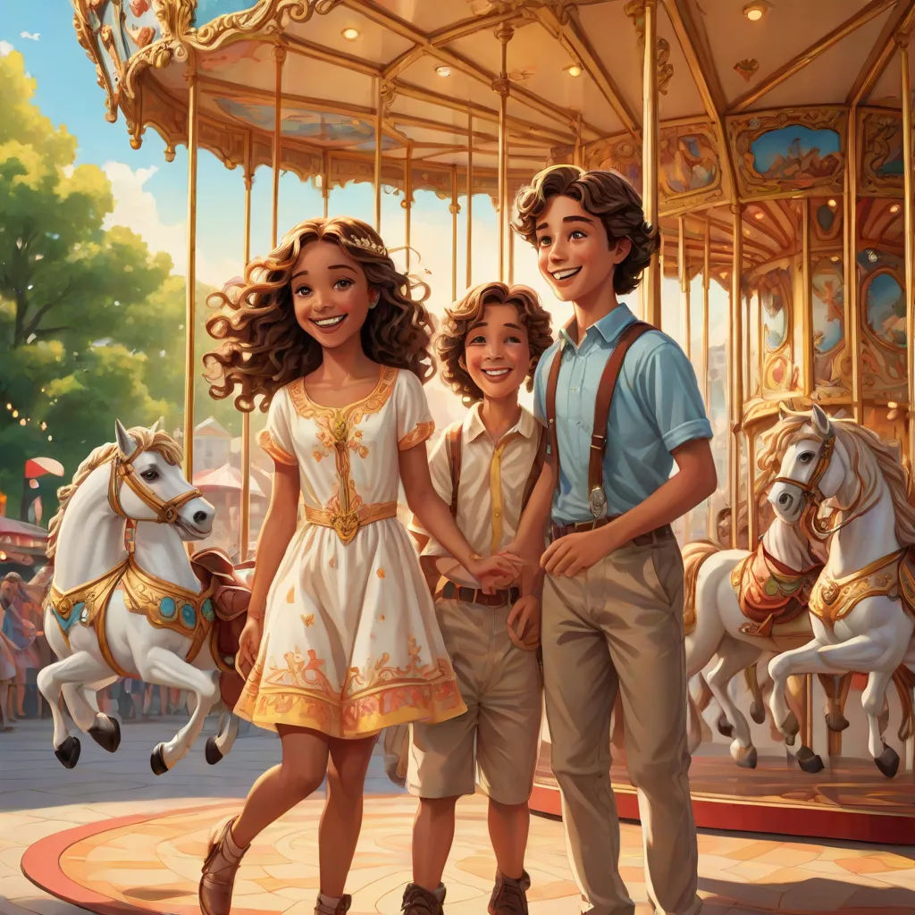 a painting of a family on a carousel with a horse and carousel car in the background, with a carousel in the foreground, american scene painting, a storybook illustration, Bob Byerley, official art