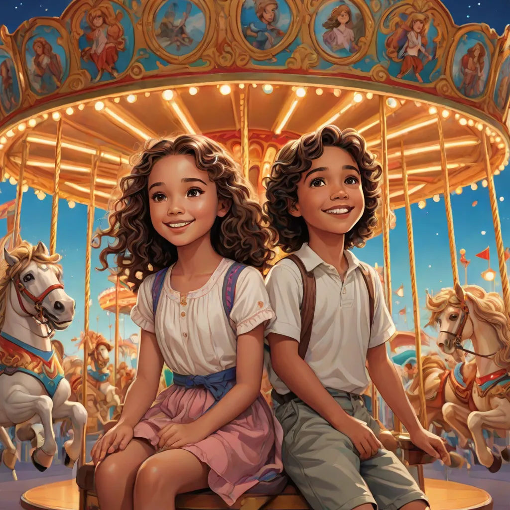 a painting of two children sitting on a carousel ride with a horse and carousel in the background, with a carousel in the foreground, magical realism, a storybook illustration, Bob Byerley, official art