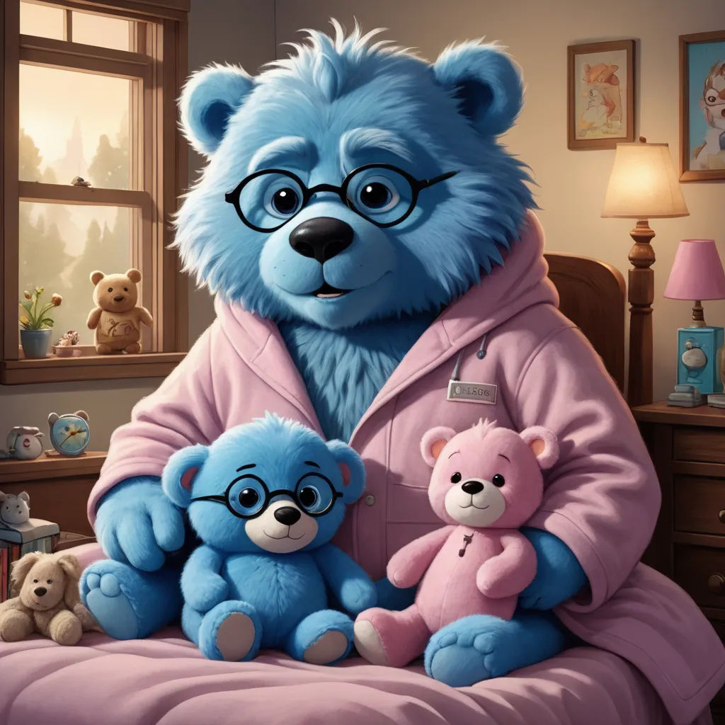 a blue teddy bear with glasses and a pink teddy bear in a pink robe on a bed with a pink teddy bear, furry art, a storybook illustration, Chris LaBrooy, promotional image