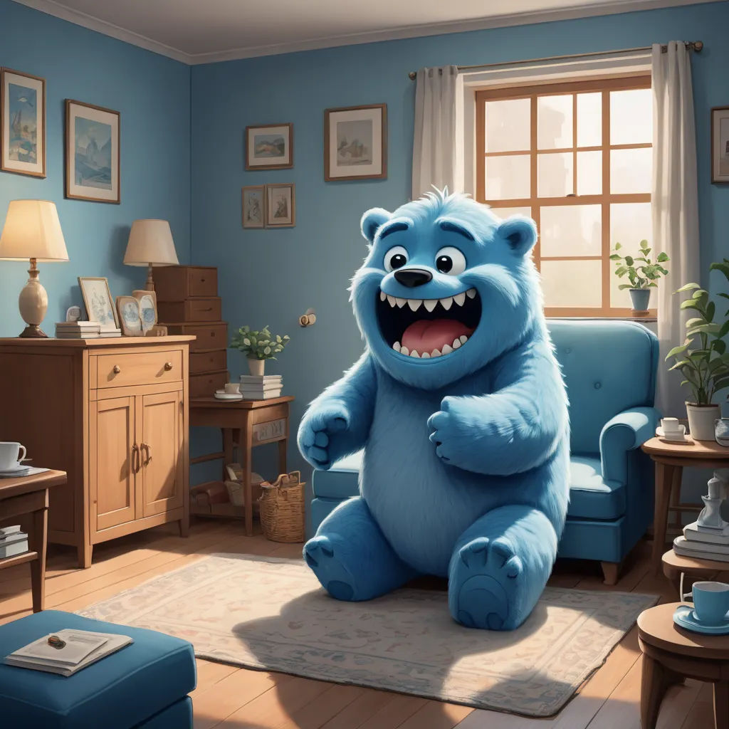 a blue monster sitting in a living room with a blue chair and a blue ottoman with a blue rug, photorealism, a storybook illustration, Chris LaBrooy, cgstudio