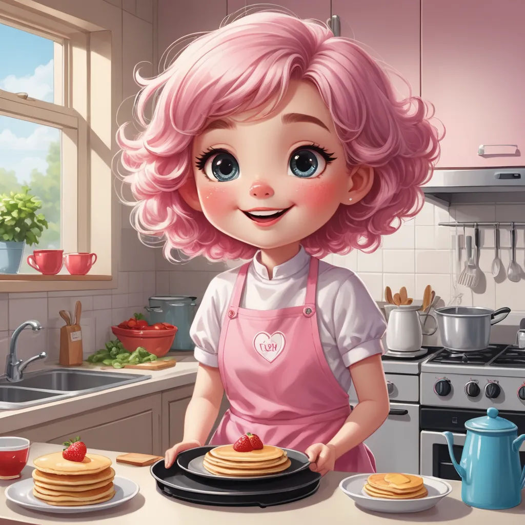 a cartoon girl making pancakes in a kitchen with a tea kettle and a tea pot on the counter top, fantasy art, a storybook illustration, Alice Prin, trending on art station