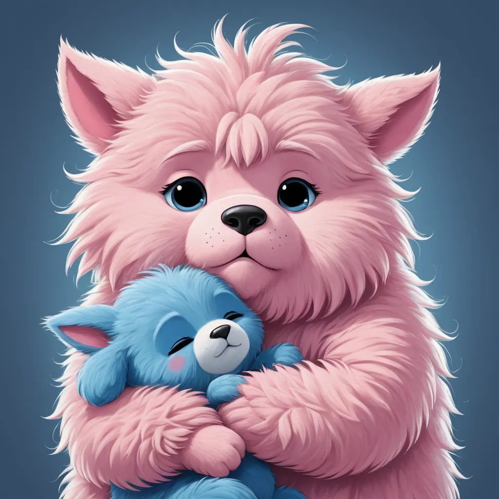 a pink furry bear hugging a blue teddy bear with a blue teddy bear on its chest, with a blue background, furry art, a digital painting, Andrey Esionov, highly detailed digital painting