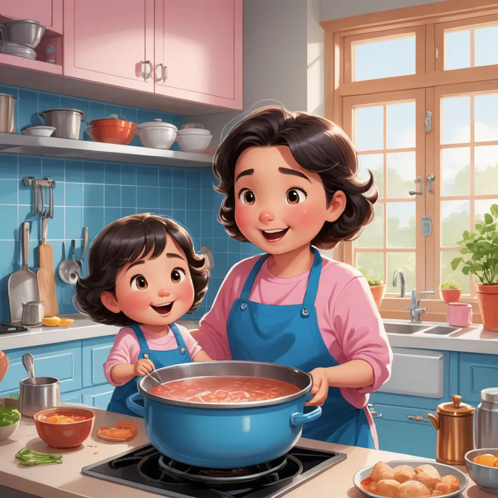 a woman and a child cooking in a kitchen together, with a pot of soup in front of them, american scene painting, a storybook illustration, Alejandro Burdisio, storybook illustration
