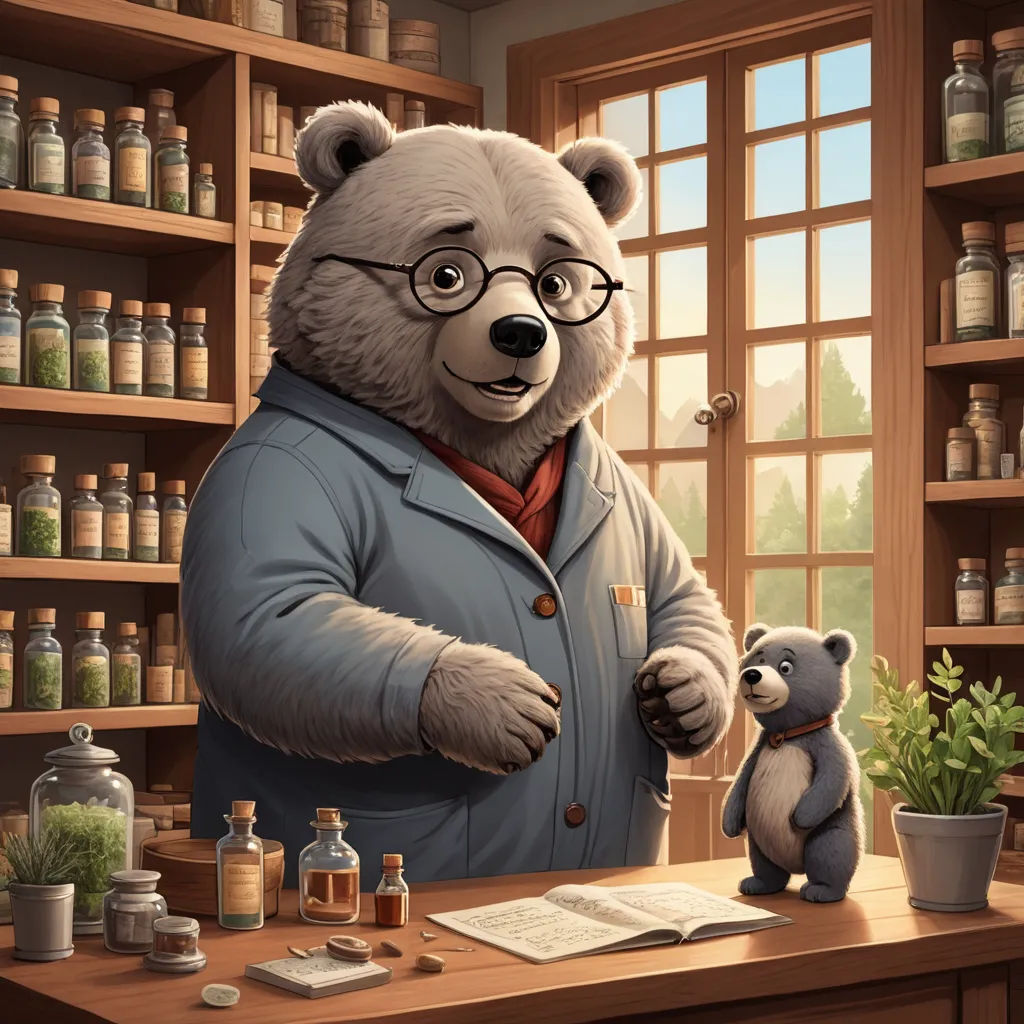 a bear in a lab with a bear in front of him and a book on a desk with a potted plant, furry art, a character portrait, Chris LaBrooy, official art