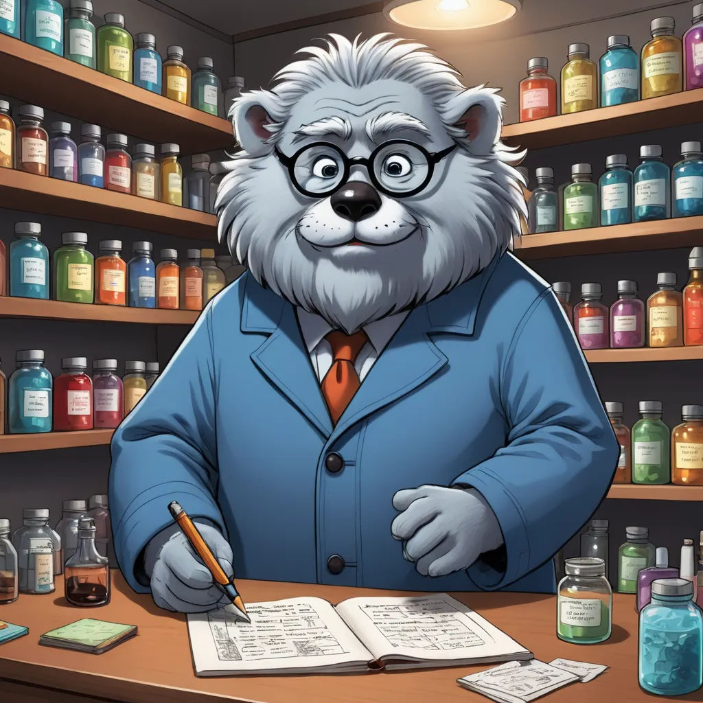 a cartoon bear in a blue coat and glasses writing on a paper in a pharmacy shop with shelves of medicine bottles, furry art, a character portrait, Cedric Seaut (Keos Masons), official art