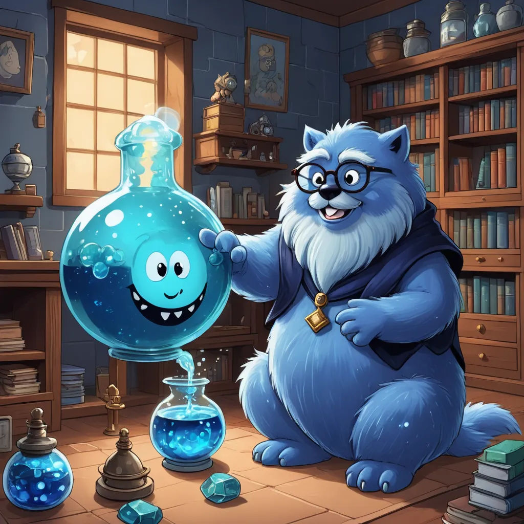 a cartoon character holding a blue liquid in a glass flask with a smiling face on it's face, sots art, a character portrait, Chris LaBrooy, game art