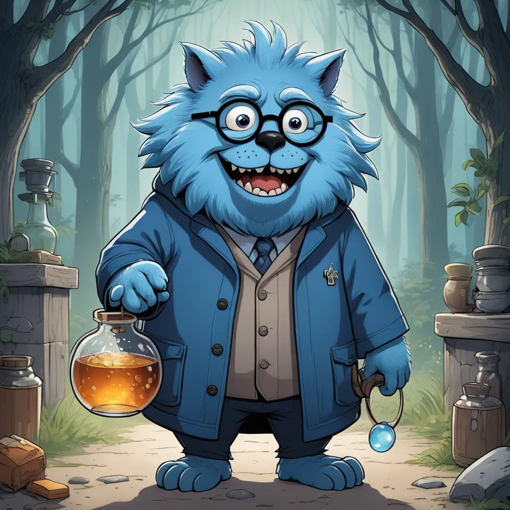 a cartoon character with a blue coat and a glass of tea in a forest with trees and rocks,, sots art, a character portrait, Cedric Seaut (Keos Masons), character portrait
