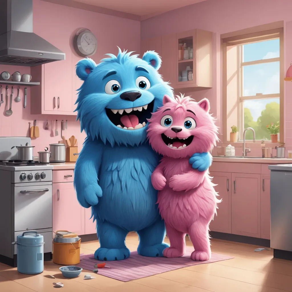 a cartoon of a blue monster and a pink monster hugging in a kitchen with pink walls and cabinets and a pink rug, furry art, concept art, Chris LaBrooy, promotional image