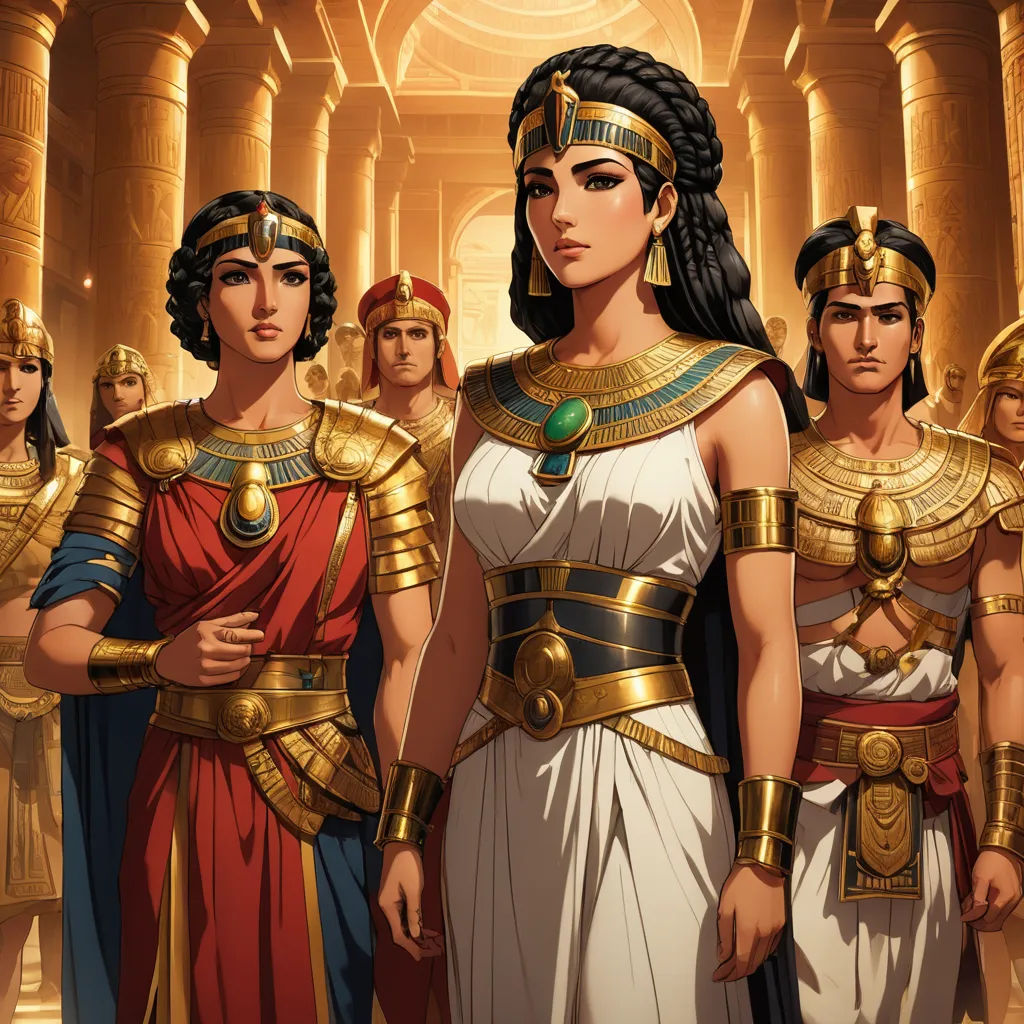 a group of women in ancient costumes standing in a line in front of a building with columns and columns, fantasy art, egyptian art, Donato Giancola, official art