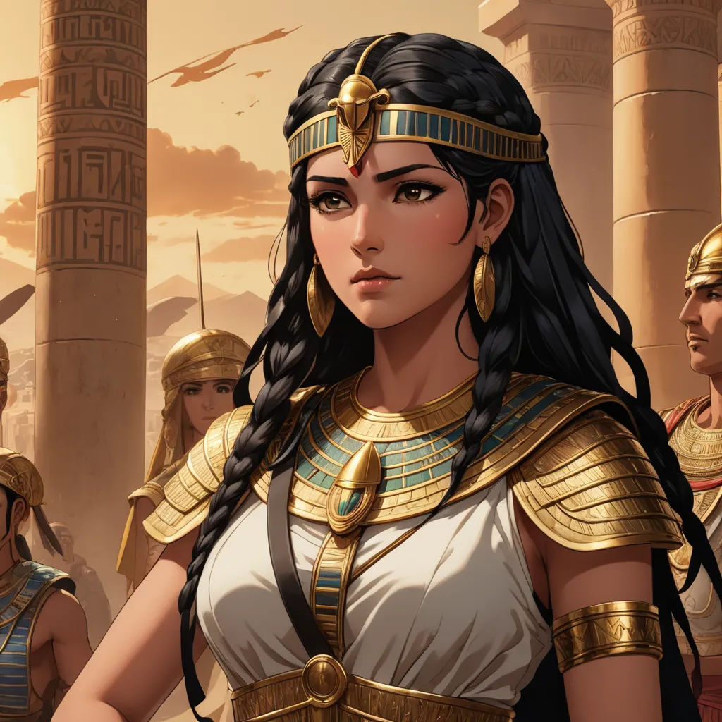 a woman in a costume standing in front of a group of people in ancient egypt, with a sword, fantasy art, egyptian art, Art of Brom, magic the gathering artwork