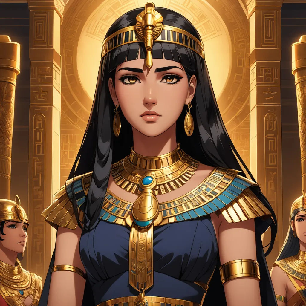 a woman in a costume with two men in the background and a golden background behind her, and a golden background behind her, fantasy art, egyptian art, Caroline Chariot-Dayez, rossdraws global illumination
