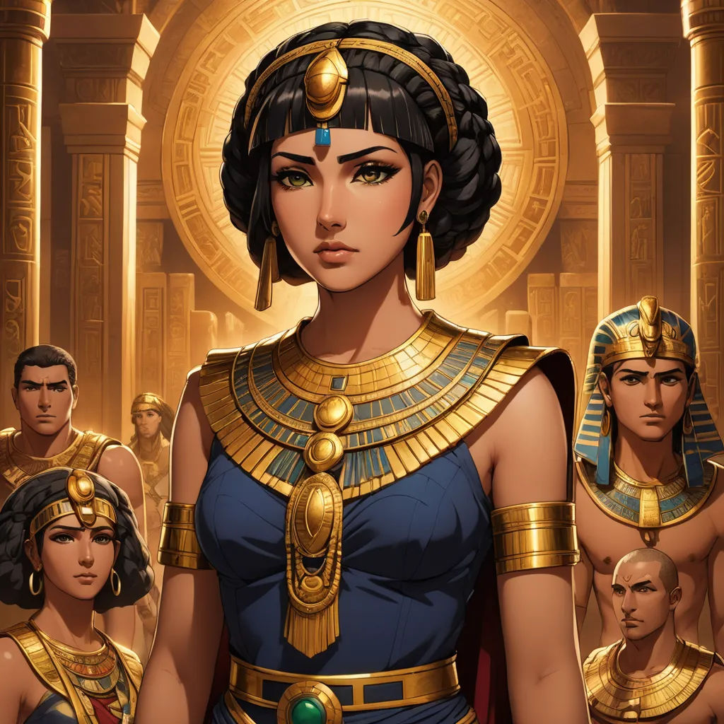 a woman in a blue dress surrounded by egyptian women and men in gold and blue outfits and headdress, sots art, egyptian art, Caroline Chariot-Dayez, official art
