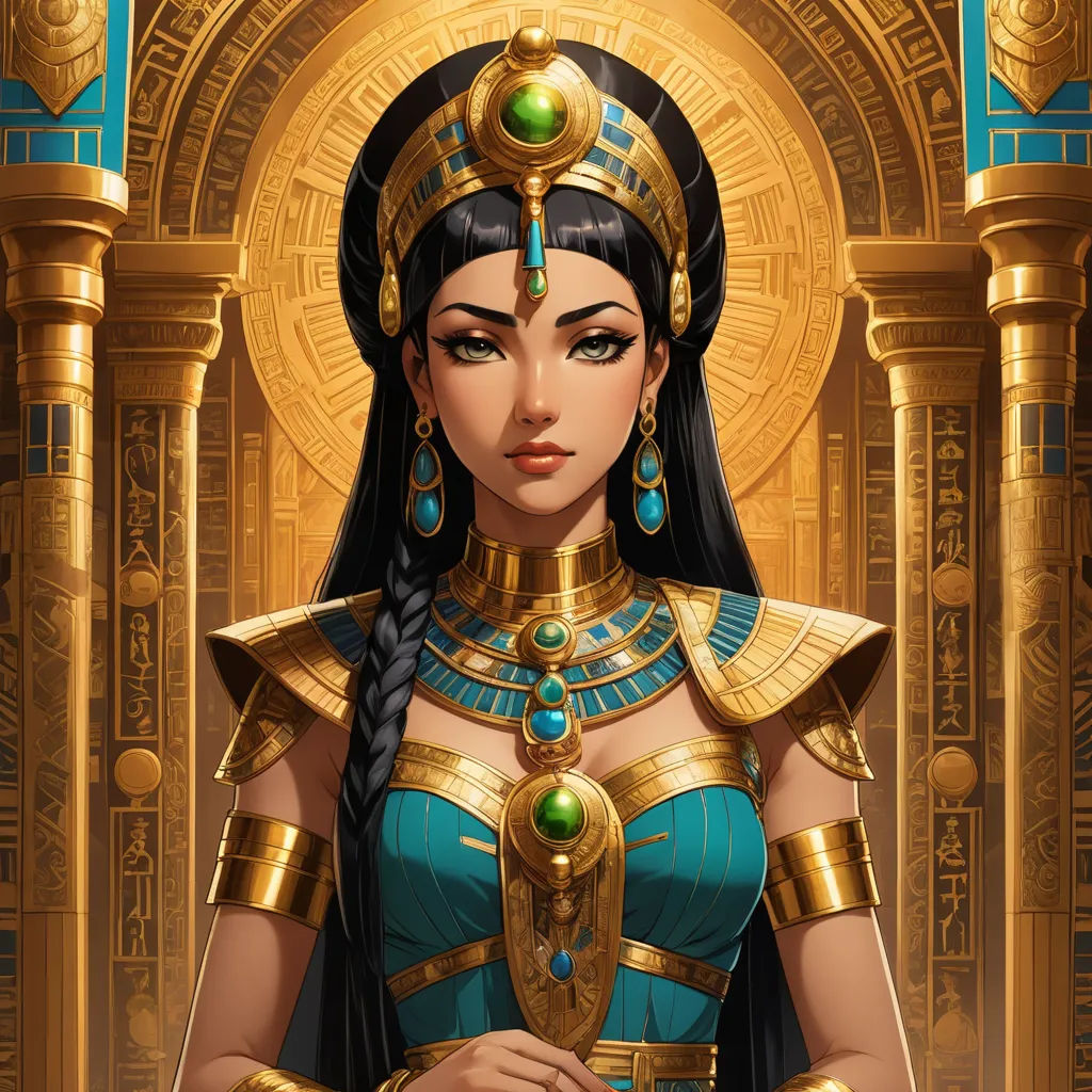 a woman in a blue dress and gold jewelry standing in front of a golden background with a golden egyptian headpiece, fantasy art, egyptian art, Anne Stokes, beautiful detailed