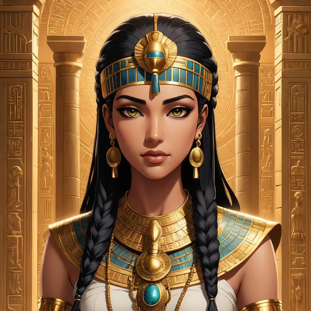 a woman in a golden outfit with a gold headpiece and a blue necklace on her neck and a gold mask on her head, fantasy art, egyptian art, Art of Brom, epic fantasy character art