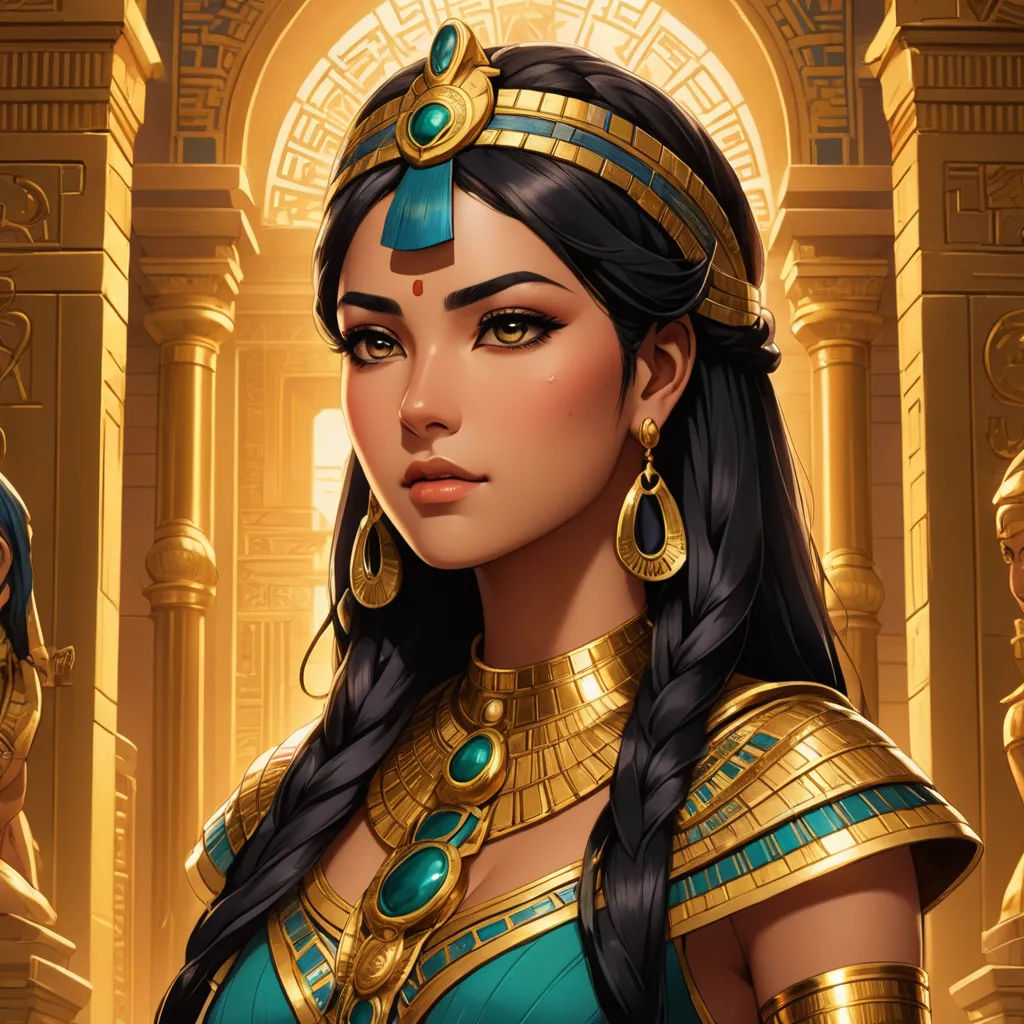 a woman in a costume with a gold head piece and a blue dress with gold details on it, standing in front of a doorway, fantasy art, egyptian art, Art of Brom, rossdraws global illumination