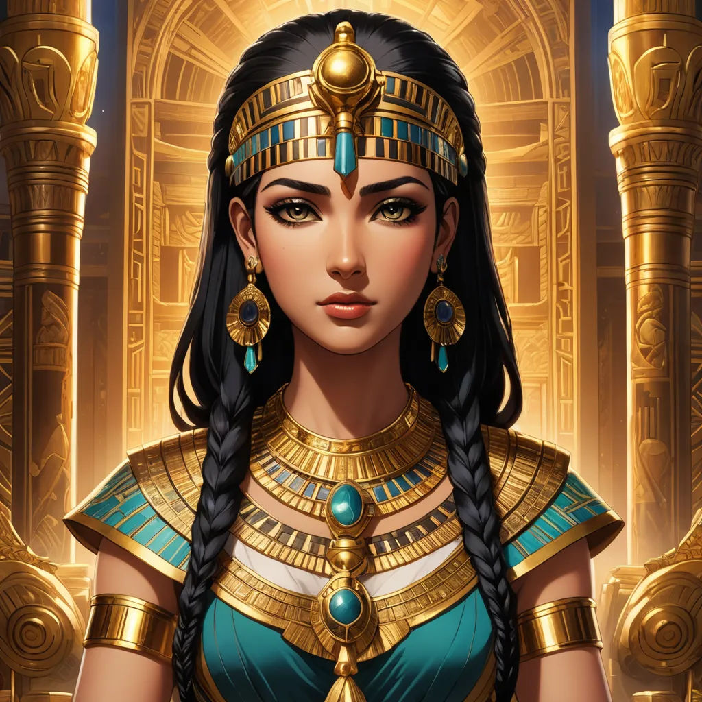 a woman in a costume with a gold headpiece and a blue dress with gold details on it, standing in front of a golden background, fantasy art, egyptian art, Anne Stokes, epic fantasy character art