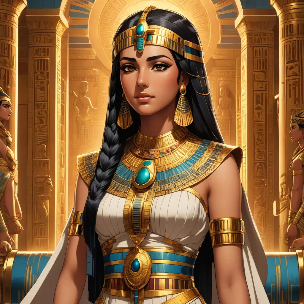 a woman in a costume standing in front of a building with columns and columns on it, and a gold and blue background, fantasy art, egyptian art, Caroline Chariot-Dayez, rossdraws global illumination