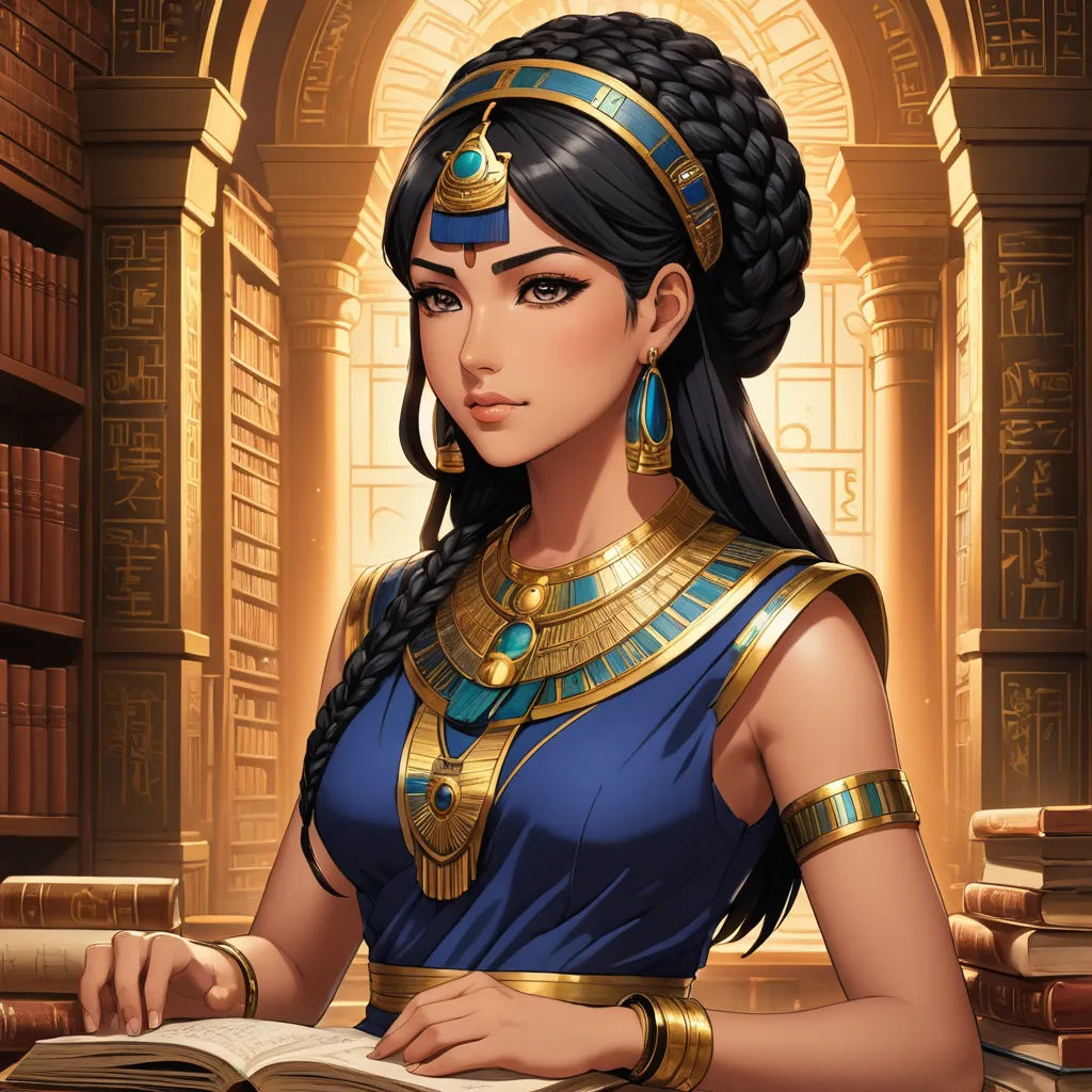 a woman in a blue dress is reading a book in a library with a gold headpiece and a book, fantasy art, egyptian art, Art of Brom, epic fantasy character art