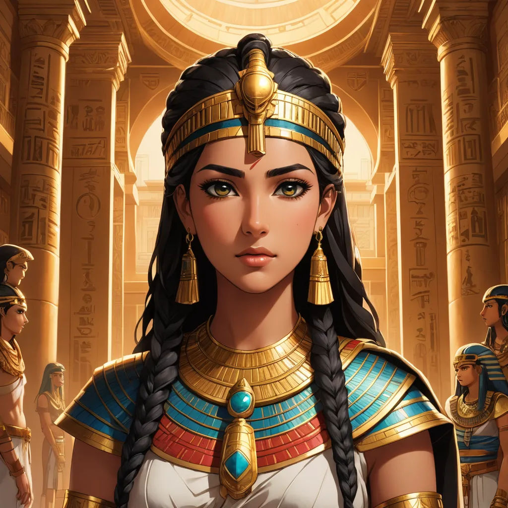 a woman in a costume standing in front of a building with columns and columns on it, with a gold and blue headpiece, fantasy art, egyptian art, Ann Thetis Blacker, epic fantasy character art