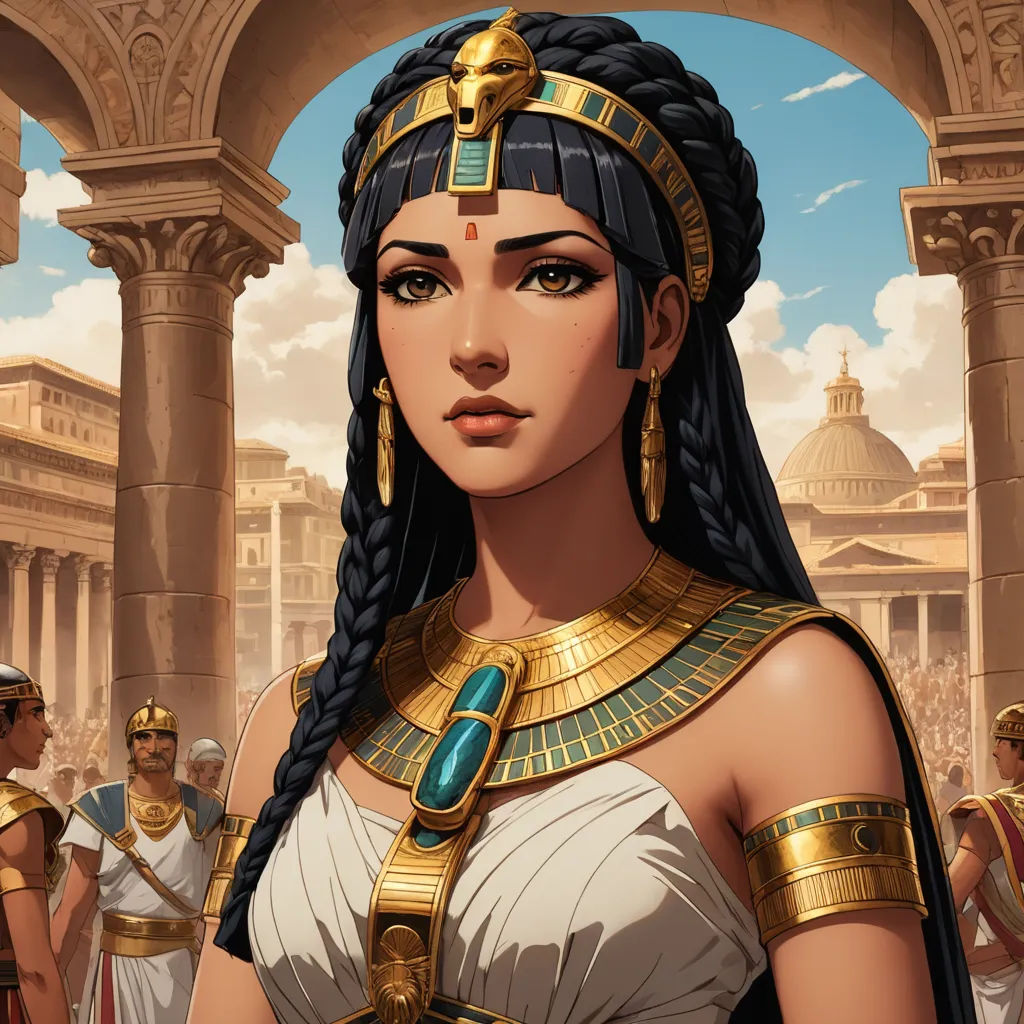 a woman in a costume standing in front of a group of people in ancient egypt, with a sky background, fantasy art, egyptian art, Art of Brom, beautiful detailed