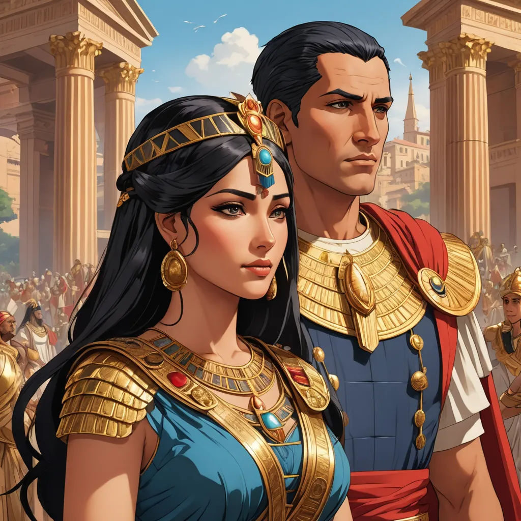 a man and woman in ancient costumes standing next to each other in front of a building with columns and columns, sots art, egyptian art, Altoon Sultan, official art