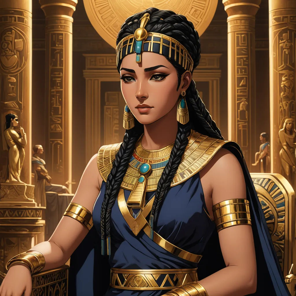 a woman in a blue dress with gold jewelry and a gold mask on her head and a gold egyptian headdress, fantasy art, egyptian art, Caroline Chariot-Dayez, game art