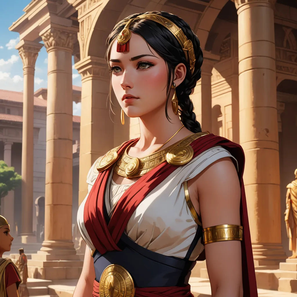 a woman in a roman costume standing in front of a building with columns and columns on either side of her, fantasy art, a detailed painting, Clint Cearley, trending on artstation hq
