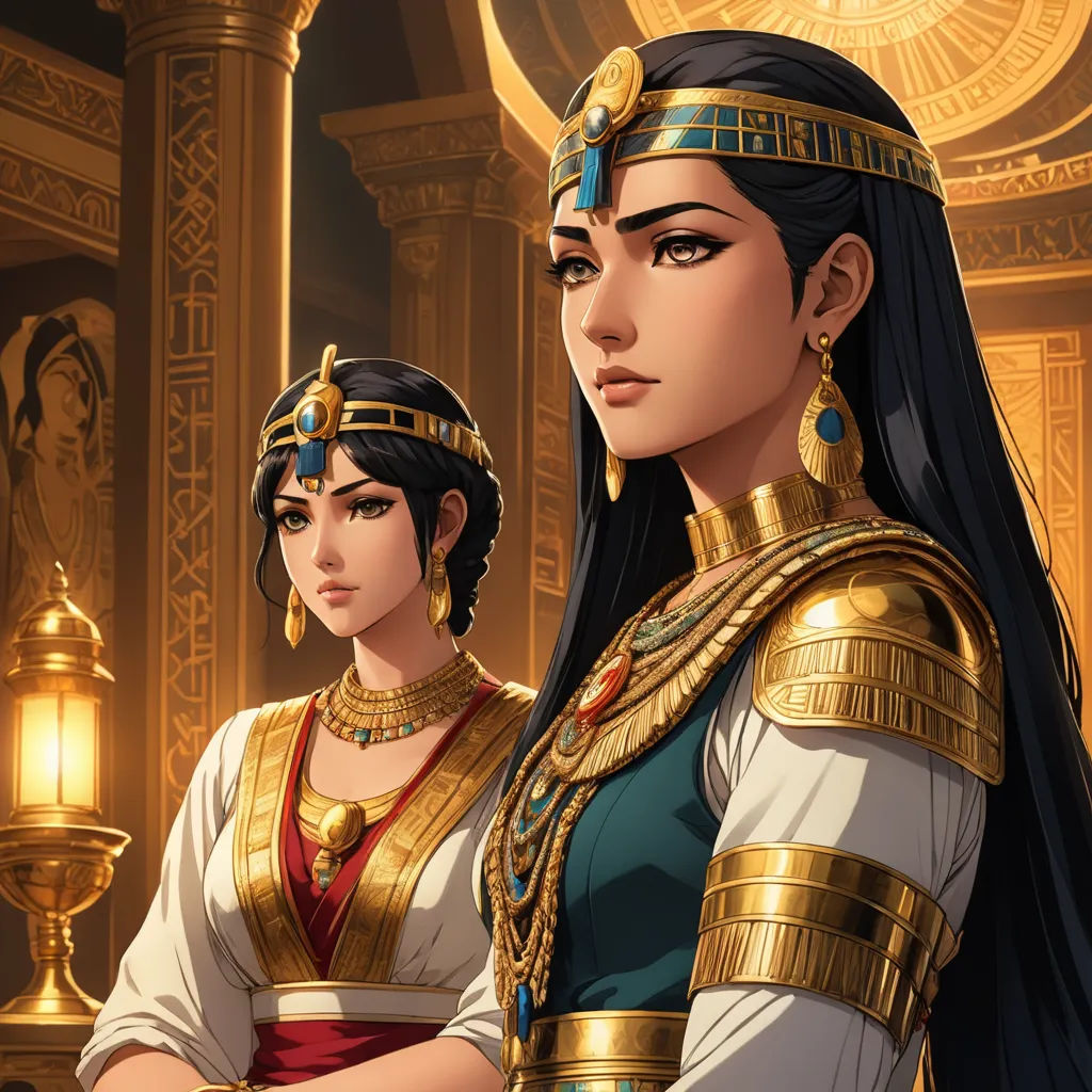 a couple of women in egyptian costumes standing next to each other in a room with gold and blue accents, qajar art, egyptian art, Altoon Sultan, official art