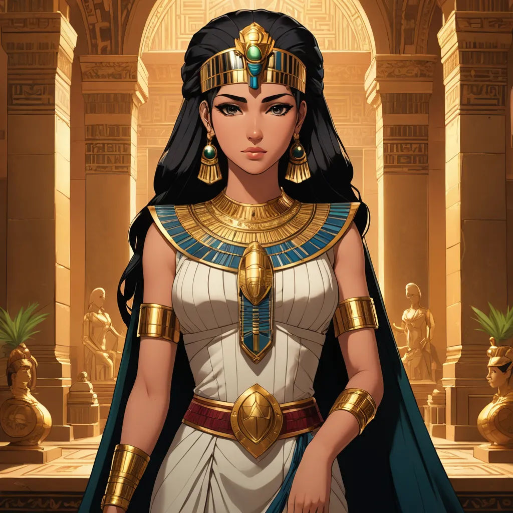 a woman in a costume with a gold headpiece and a blue cape stands in front of a doorway, fantasy art, egyptian art, Caroline Chariot-Dayez, epic fantasy character art