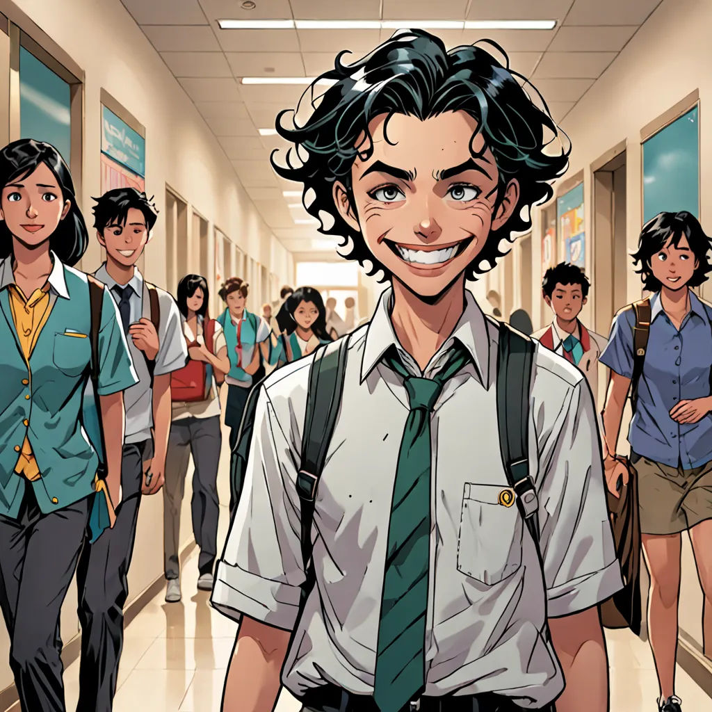 a cartoon of a man with a green tie and school uniform on and a group of people in the background, a comic book panel, comic cover art, serial art, Asaf Hanuka