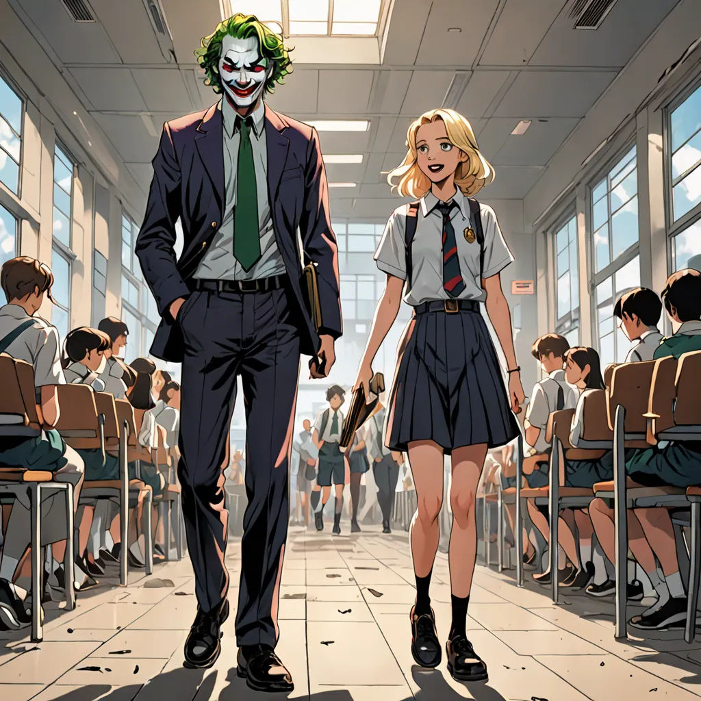 a man and a woman dressed in school uniforms walking down a hallway with a crowd of people behind them, a comic book panel, official art, academic art, Artgerm