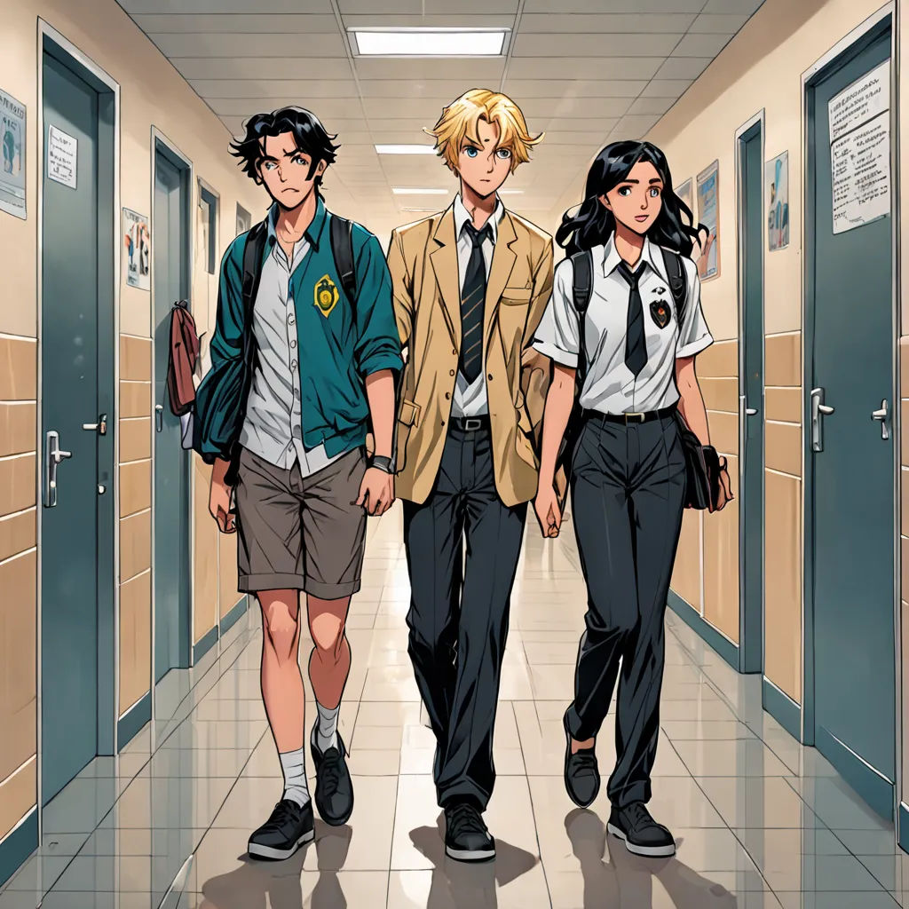 three people walking down a hallway in school uniforms and backpacks on their backs, with a hallway leading to the other rooms, a comic book panel, official art, serial art, Artgerm