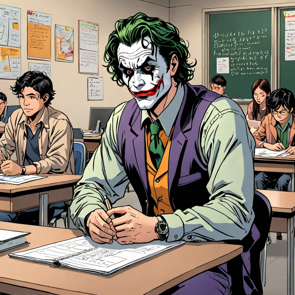 a cartoon of a man in a joker suit sitting at a desk with other people in the background and a blackboard with writing on it, a comic book panel, western comic book art, academic art, Artgerm