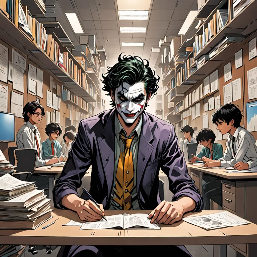 a man in a suit sitting at a desk with a bunch of people in the background and a bookcase full of books, a comic book panel, comic cover art, academic art, Artgerm