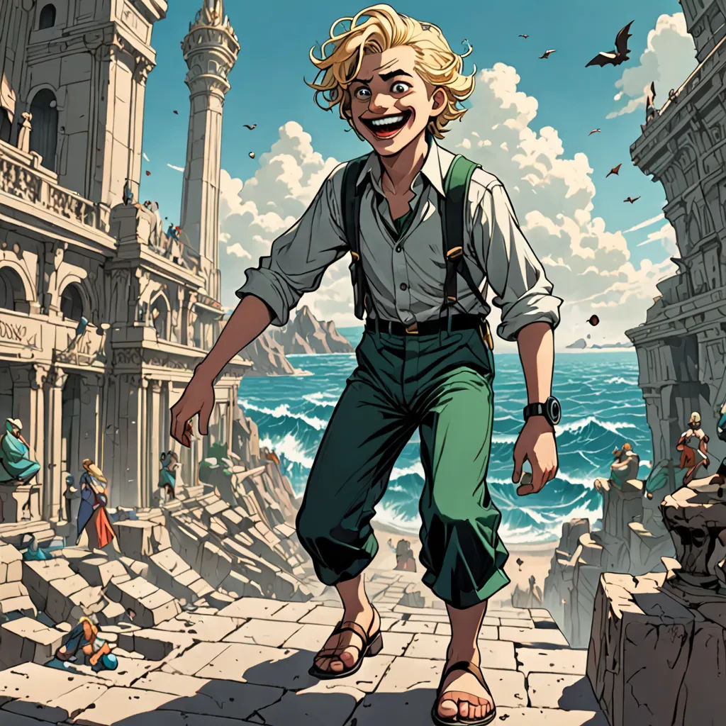 a cartoon of a man walking on a stone walkway near the ocean with a castle in the background and a bird flying overhead, a comic book panel, official art, fantasy art, Cliff Childs