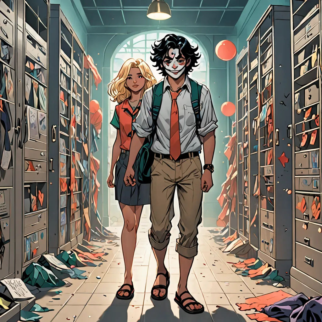 a man and a woman walking through a library filled with books and bookshelves with a skeleton face painted on the wall, a comic book panel, comic cover art, serial art, Dustin Nguyen