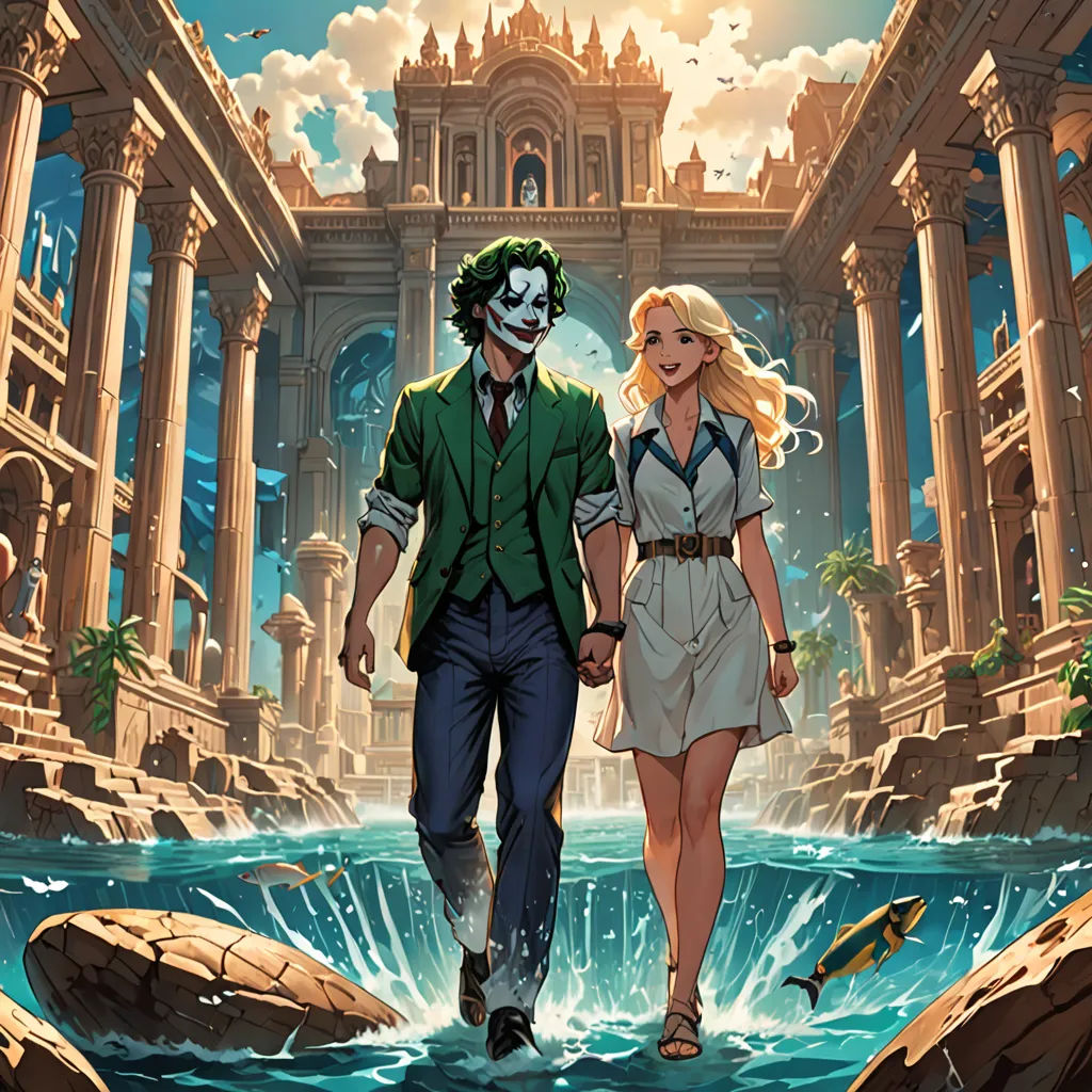 a man and a woman walking through a water way with a castle in the background and a fountain in the foreground, a comic book panel, comic cover art, fantasy art, Artgerm