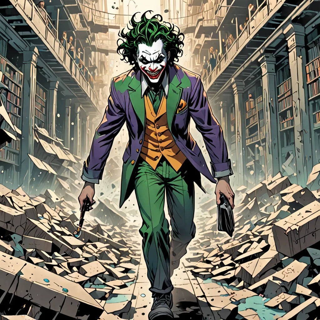 a joker walking through a destroyed building with a gun in his hand and a green suit on his head, a comic book panel, western comic book art, analytical art, Dustin Nguyen