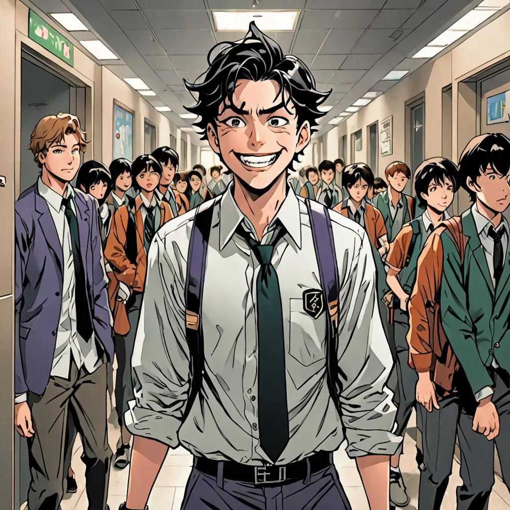 a man in a school uniform standing in a hallway with a group of boys behind him and smiling at the camera, a comic book panel, official art, serial art, Adam Manyoki